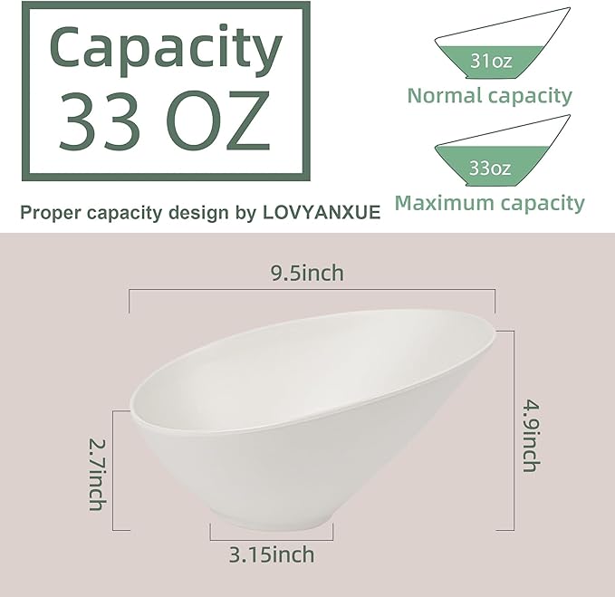 LOVYANXUE Salad Bowls, 4 Packs Serving Bowl, Compostable 33 Ounce Pasta Bowls, Elegant White Angled Bowl for Salad, Pasta, Soup, Prep, Ideal for Home and Restaurant