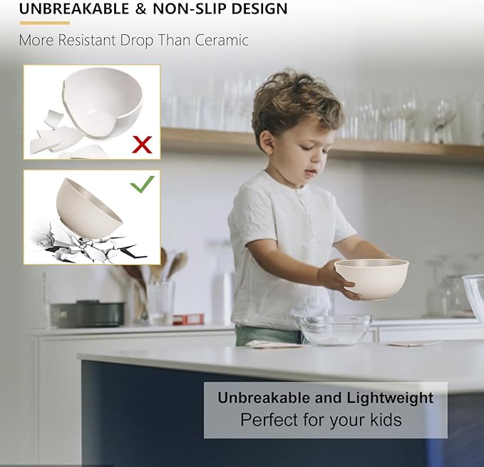 PYRMONT Unbreakable Cereal Bowl 26 OZ Wheat Straw Bowls Set of 8 Alternative Plastic Bowls Reusable Dishwasher & Microwave Safe Bowls for Kitchen Camping Bowls for Soup,Breakfast,Fruit-Beige
