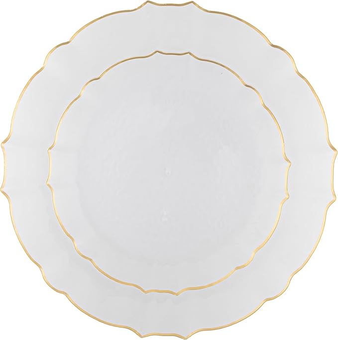 PLASTICPRO 96 Piece Clear WithGold Rim Aristocratic Combo Plastic Dinner Plates Disposable Plastic Fancy Heavy Duty Party Dishes 48, 7'' inch and 48, 10'' inch, Clear With Gold Rim