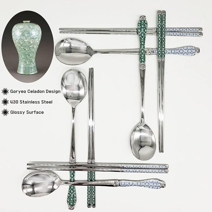 [Made in Korea] Goryeo Celadon Design Korean Table Sticky Rice Spoon and Chopsticks 430 Stainless Steel Glossy Surface Mukbang Cutlery (Blue, 5 Sets)