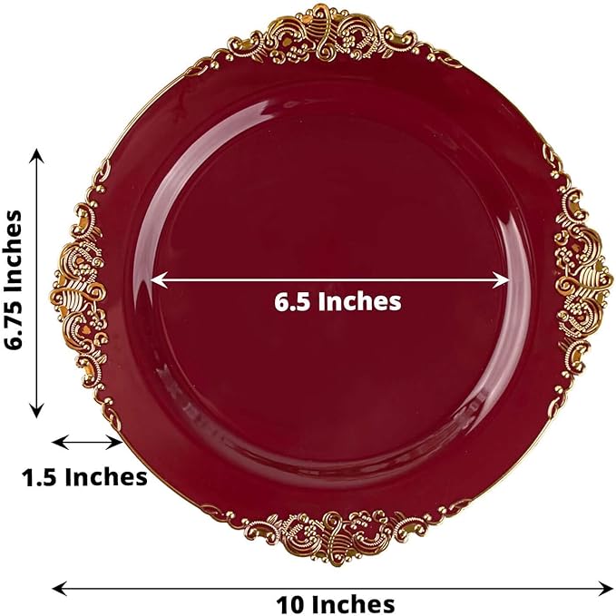 Efavormart 10 Pack | 10" Burgundy and Gold Baroque Dinner Plates, Leaf Embossed Metallic Rim Heavy Duty Serving Plates for Autumn Banquets