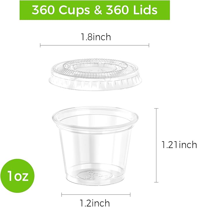 Dealusy 360 Set 1 oz Jello Shot Cups with Lids, Sturdy & Food Safe Disposable Plastic Portion Condiment Dipping Sauce Cups, Small Containers for Salad Dressing