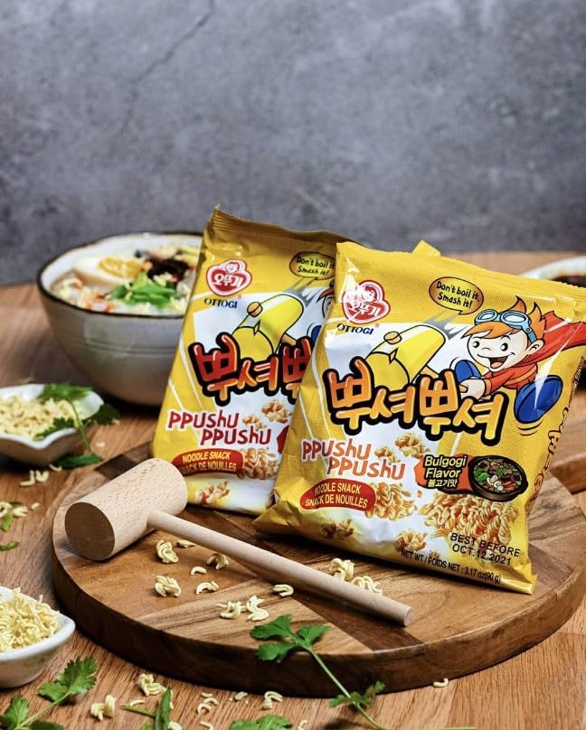 OTTOGI PPUSHU PPUSHU Crush to Eat Noodle Snack- 1 of each Bbq, Bulgogi, Grilled Chicken, Spicy Rice Cake Flavors Variety Pack (90g) - 4 Pack