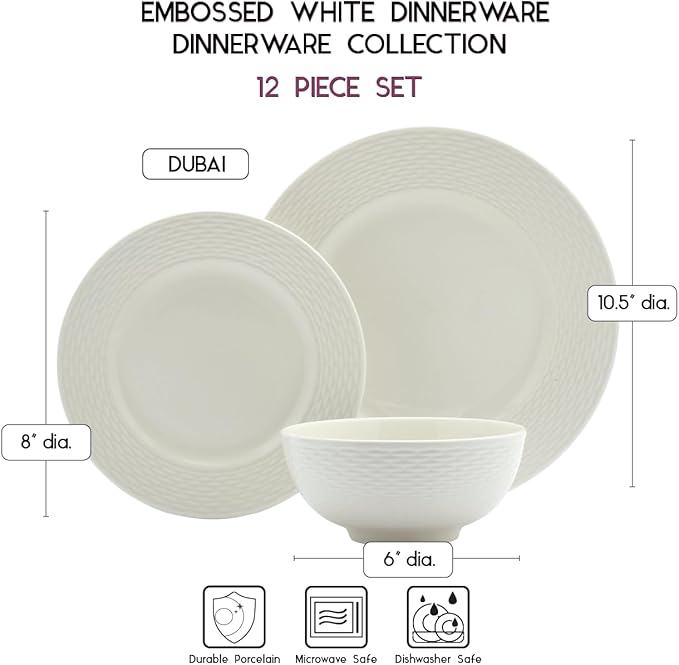 TTU Tabletops Gallery Embossed Bone White Porcelain Round Dinnerware Collection- Chip Resistant Scratch Resistant, Dubai 12 Piece Dinnerware Set (Dinner Plate, Salad Plate, Cereal Bowl)