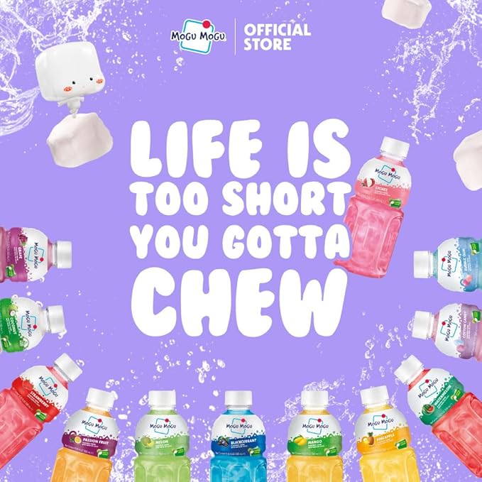 Mogu Mogu Strawberry Juice Drink with Nata de Coco (Coconut Jelly) – Chewy Fruit Beverage for Kids & Adults, 6 Pack Bottles, 10.82 fl oz Each