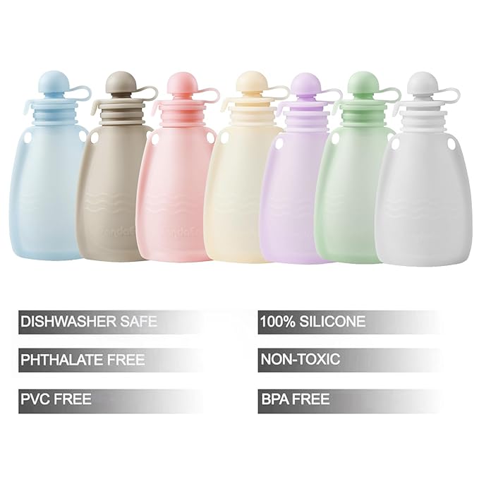 PandaEar Reusable Silicone Baby Food Pouches, 7 Pack Squeeze Pouches for Toddler Kids, BPA-Free Silicone Refillable Baby Food Storage, 5 oz /150 ml