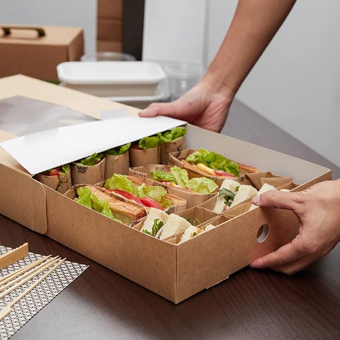 Restaurantware-17.7 x 12.2 x 3.2 Inch Catering Trays, 10 Grease-Resistant Catering Boxes - Cover With Window Included, Side Lock, Kraft Paper Catering Food Containers, Inserts Sold Separately