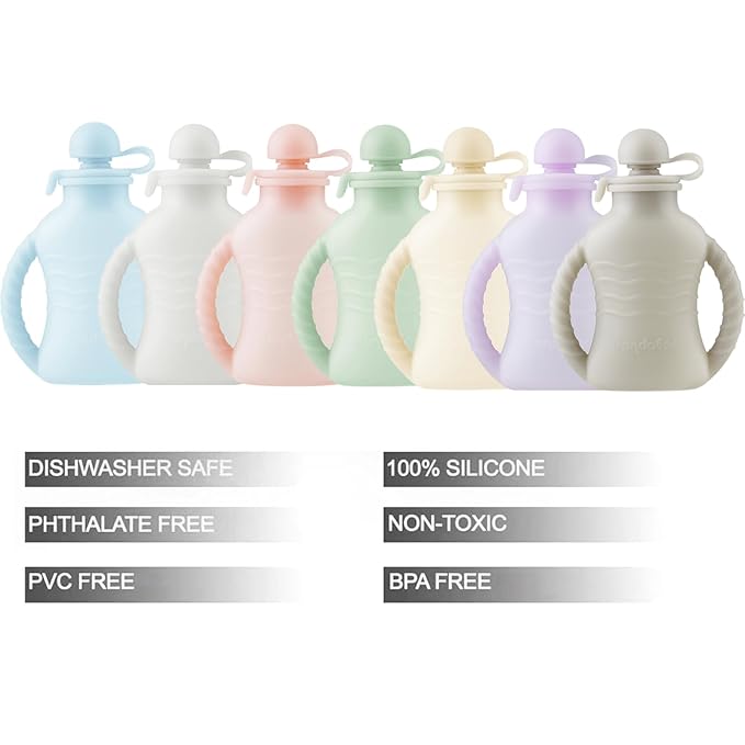 PandaEar 7-Pack Reusable Silicone Baby Food Pouches with Handles, 4oz Refillable Squeeze Pouches for Toddlers & Infants, BPA-Free Self-Feeding Yogurt & Smoothie Bags, Includes 2 Funnels