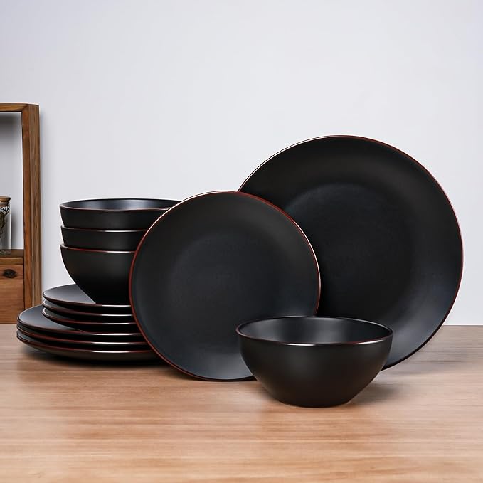 Famiware Venus Plates and Bowls Sets with Trim, 12 Pieces Stoneware Chip‑Resistant Dishes Dinnerware Set for 4, Matte Black - Microwave/Dishwasher Safe, Modern Minimalist, Everyday Meals/Formal Dining