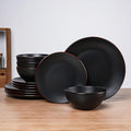 Famiware Venus Plates and Bowls Sets with Trim, 12 Pieces Stoneware Chip‑Resistant Dishes Dinnerware Set for 4, Matte Black - Microwave/Dishwasher Safe, Modern Minimalist, Everyday Meals/Formal Dining