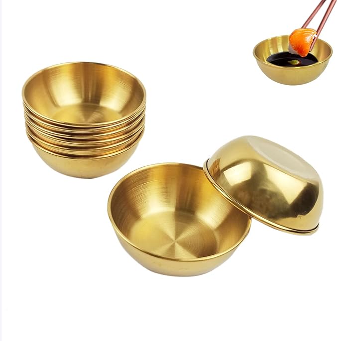 8Pcs Mini Stainless Steel Dipping Sauce Dishes, Round Seasoning Dishes, Sushi Dipping Bowl, Appetizer Plates, Gold 3.27"x3.27"x1.14"