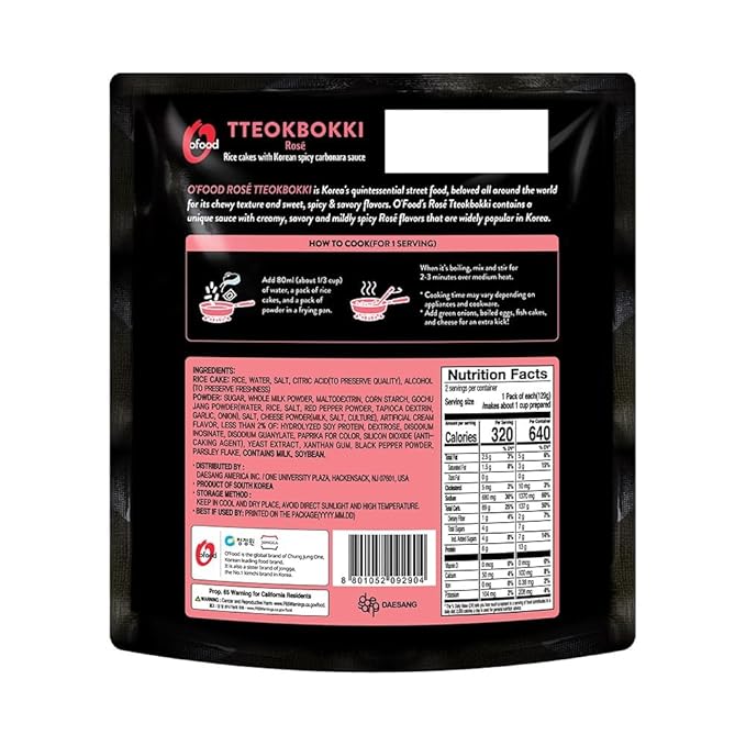 Tteokbokki Korean Rice Cakes – [Rose/Spicy Carbonara | Pack of 1] – Gluten Free | Ready in 3 Minutes | 0 Cholesterol/ 0 Trans Fat | 2 Servings Street Snack | Healthy/Savory/Spicy - O’food