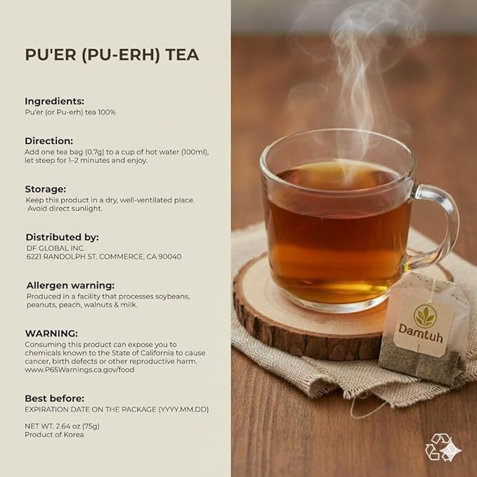 Damtuh Korean Pu-erh Tea – Aged & Smooth Dark Tea, Full-Bodied Earthy Flavor – 50 Tea Bags (Pack of 2)