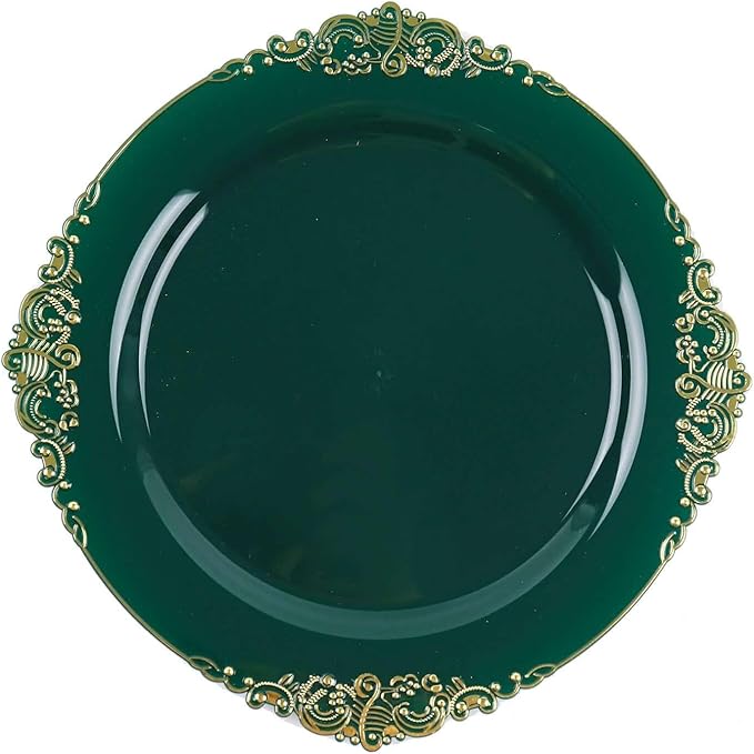 Efavormart 10 Pack | 10" Hunter Emerald Green and Gold Baroque Dinner Plates, Leaf Embossed Metallic Rim Heavy Duty Serving Plates for Forest Themes