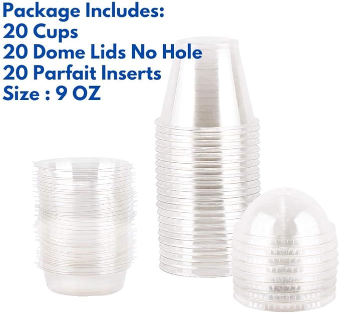 Aatriet 9oz Clear Plastic Parfait Cups with Insert 3.25oz & Dome Lids No Hole - (20 Sets) Yogurt Fruit Parfait Cups for Kids, for Dips and Veggies, Take Away Breakfast and Snacks. No Leaking