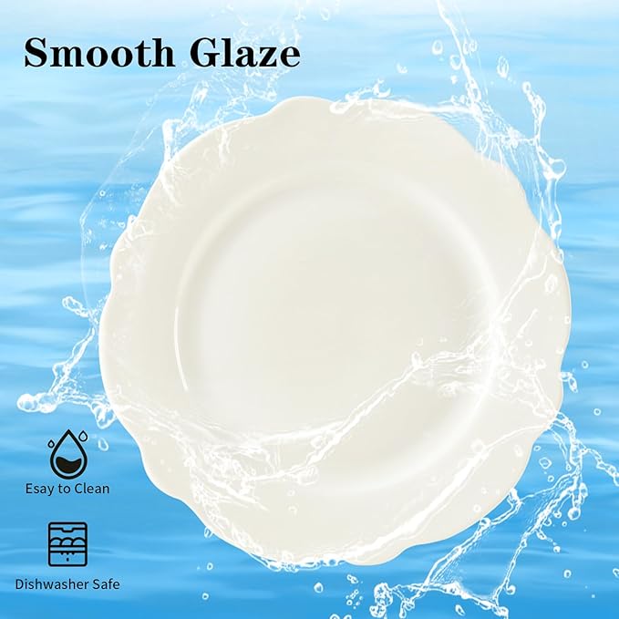 10.5 Inch Porcelain Large Dinner Plates Set of 8, White Leave Wave Rim Appetizer Salad Plates, Ceramic Dinnerware Serving Plate for Pancakes, Steak, Pasta, Pizza, Microwave, Dishwasher Safe