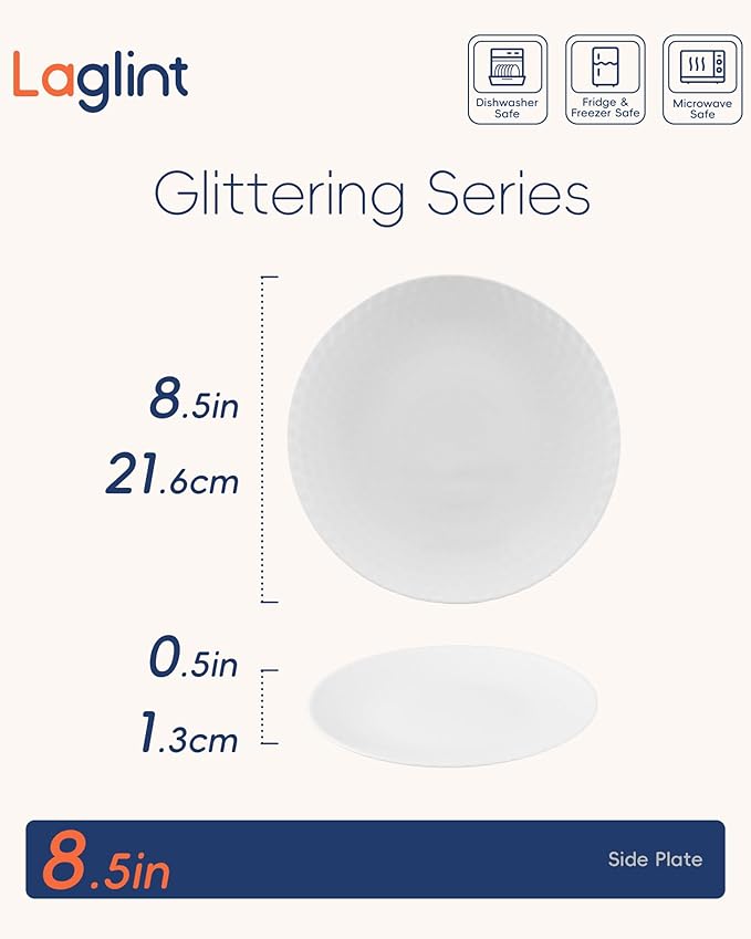 LaGlint 8.5 inch Salad Plate Set of 6, Opal Glass Round Geometric Faceted Small White Plates for Dessert, Kitchen, Dishwasher and Microwave Safe