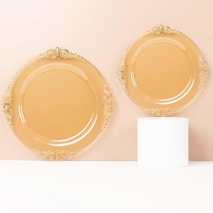 Efavormart 10 Pack | 10" Translucent Gold Baroque Dinner Plates, Leaf Embossed Metallic Rim Shatterproof Serving Plates for High-Fashion Galas