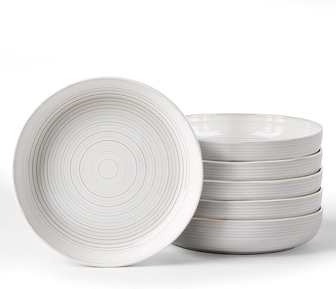 famiware Milkyway 33 oz Bowl Set, Pasta Bowls Set of 6, Salad Bowls, Double Reactive Glaze, Sturdy & Stackable, Ideal for Housewarming, Festivals, White Thread