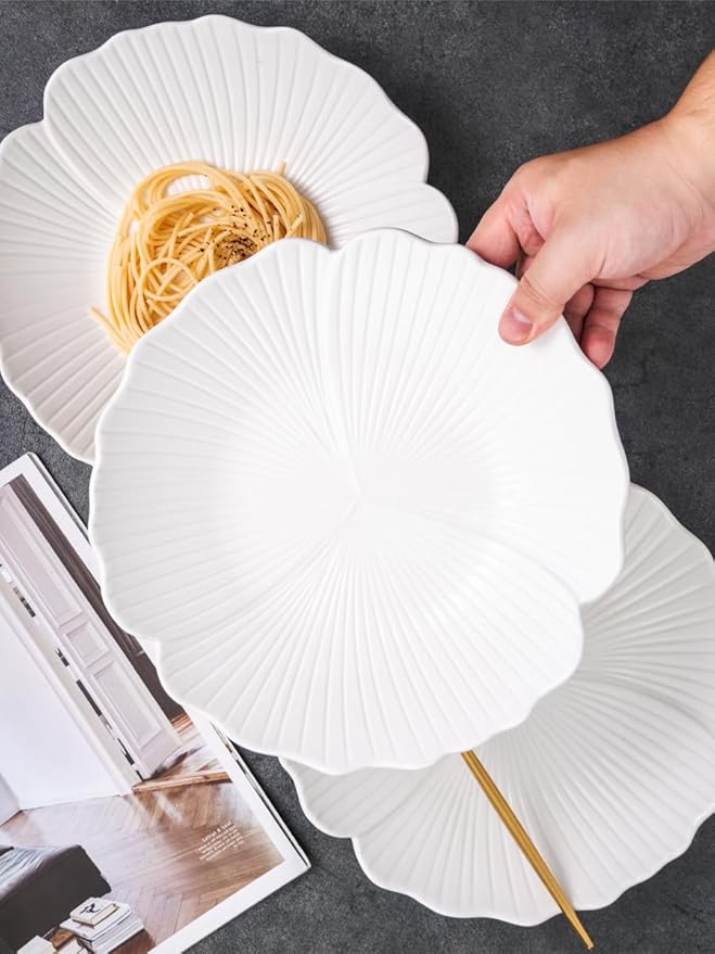 Jusalpha Set of 3-Japanese Style Flower Petal Shaped Porcelain Dinner Plates, Versatile Circular Serving Plates for Breakfast, Salad, Steak Dinner, PL019 (10 Inches, White)