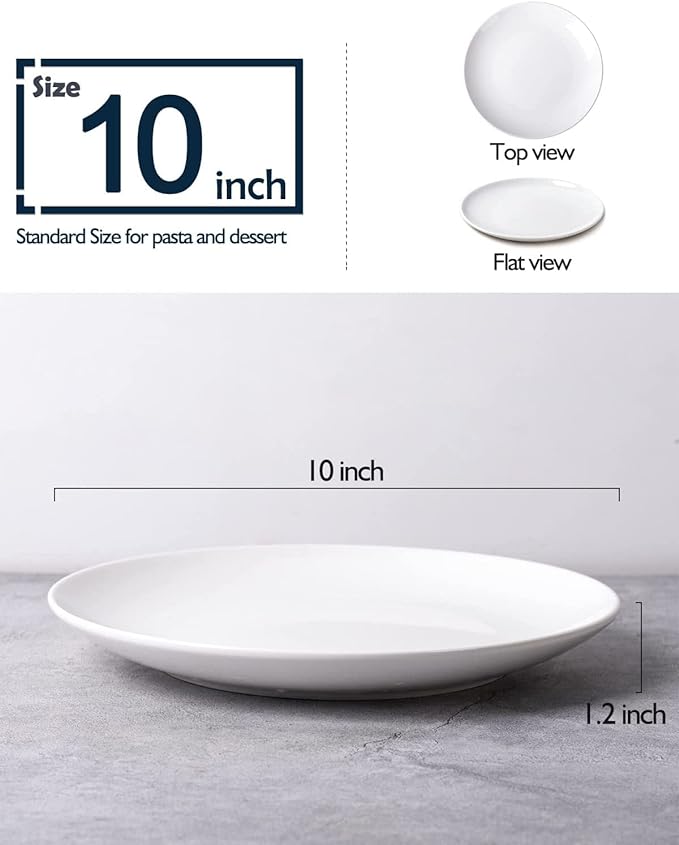 DELLING 10 Inch White Dinner Plates Set of 4, Porcelain Round Plates - Microwave, Dishwasher Safe & Chip Resistant - Elegant Serving Plates for Everyday Dining, Holiday, Party