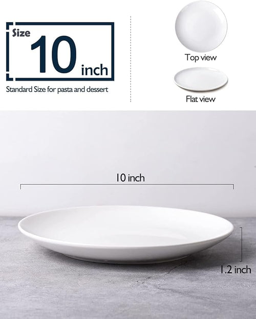 DELLING 10 Inch White Dinner Plates Set of 4, Porcelain Round Plates - Microwave, Dishwasher Safe & Chip Resistant - Elegant Serving Plates for Everyday Dining, Holiday, Party