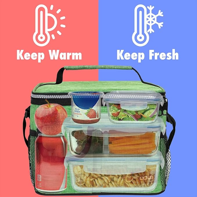 opux Insulated Lunch Box for Men Women Kids, Leakproof Reusable Lunch Bag Cooler for Work School Office, Soft Thermal Lunchbox Tote Shoulder Strap for Boys Girls Adults, Heather Green, 14 Can/8L