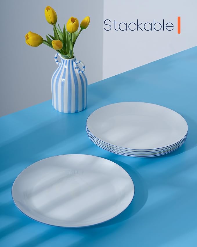 LaGlint 10.5 inch Dinner Plate Set of 6, Lightweight Round Opal Glass Dinnerware Plates, Dishwasher and Microwave Safe, Hand Painted Navy Blue Rim