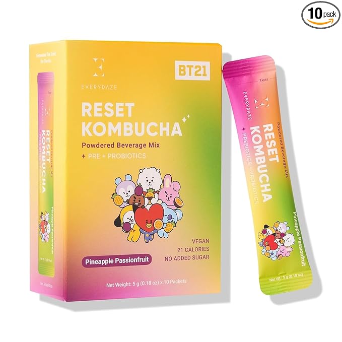 Everydaze BT21 Reset Kombucha Tea Powdered Beverage Mix | 10 Sticks | Prebiotics + Probiotics | Vegan | No Added Sugar, Gluten Free, Sparkling Powder Drink Pack (Pineapple Passion Fruit)