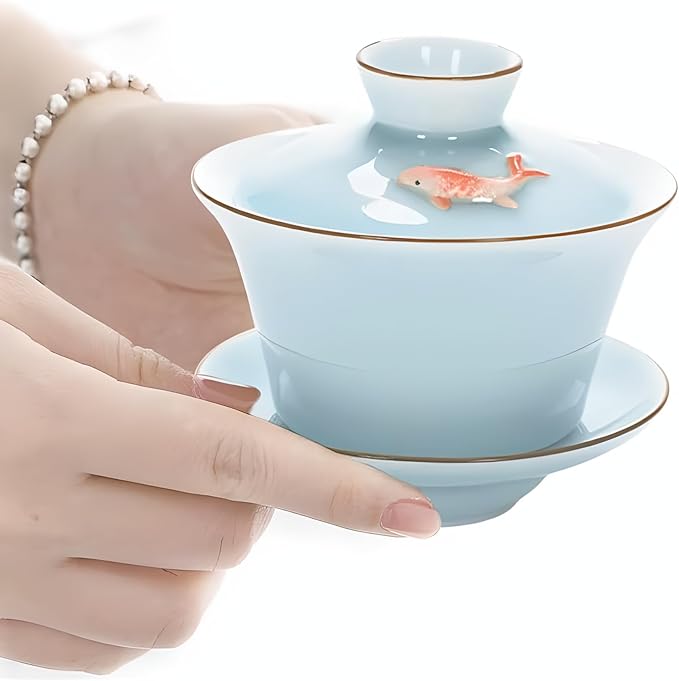 Yixing Handmade Celadon Colorful Koi Fish Gaiwan,Chinese Gongfu Tea Cup,Japanese Teacup, Tea Bowl with Lid and Saucer(Gaiwan)