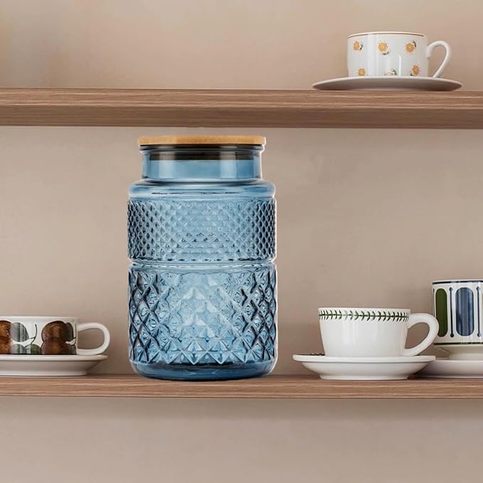 Large Glass Storage Jar Set of 2, 60 FL OZ Glass Food Storage Containers with Bamboo Lid Kitchen Canisters Decorative Jar for Cereal Egg Flour Candy Snack Cookies Coffee Tea Nuts Airtight Jars