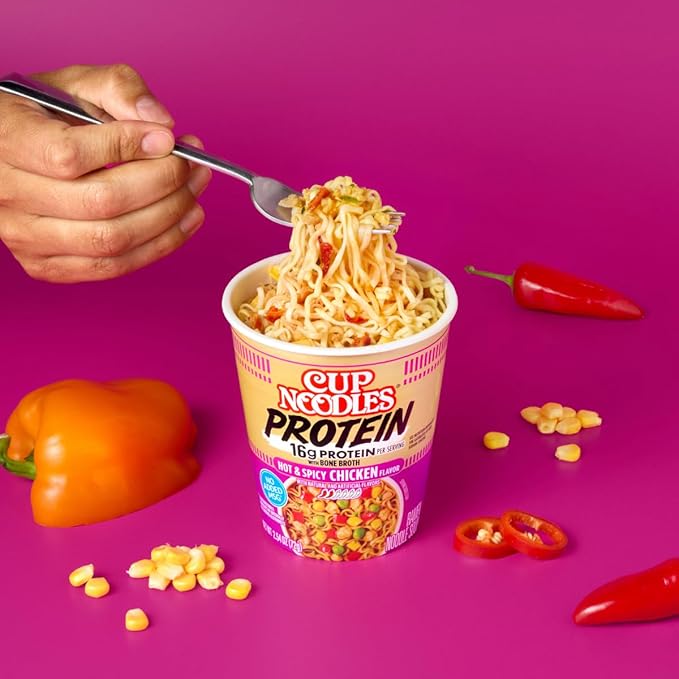 Nissin Cup Noodles Protein Ramen, Chicken Flavor Spicy Ramen with Bone Broth, 16g Protein, 2.54 Ounce Cup (Pack of 6)