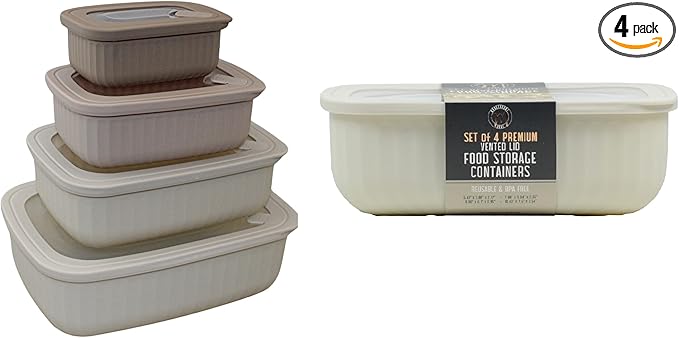 Set of 4 BPA Free Food Storage Containers with Vented Lids Assorted Sizes, Microwave & Freezer Safe, Leftovers, Meal Prep, Fridge Organization Dry Grains Storage by Dependable Industries Inc. (Ivory)