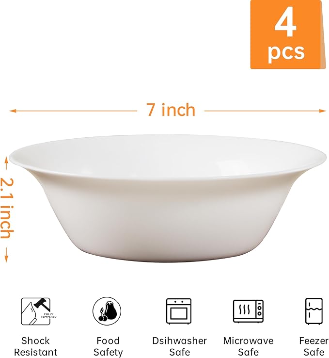 Soup Bowls Set of 4, Tempered Glass White Cereal Bowls, 20 OZ Round Dish Set, Microwave & Dishwasher Safe Glass Bowl Set