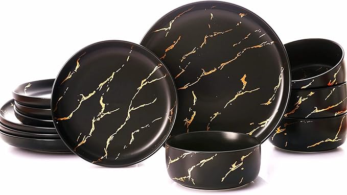 Pokini Black Gold Splash Dinnerware Sets, Marble Porcelain Plates and Bowls Sets, Modern Luxury Dish Set for 4, 12 Pieces Fine China Plates Set for Formal Dinners and Anniversaries