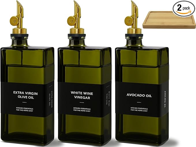 Olive Oil Dispenser Bottle for Kitchen with Bamboo Tray- Glass Oil and Vinegar Dispenser Set 16.9oz, Soy Sauce & Syrup Bottle, Modern Hostess Gift (Green, 16.9oz, Set of 3)