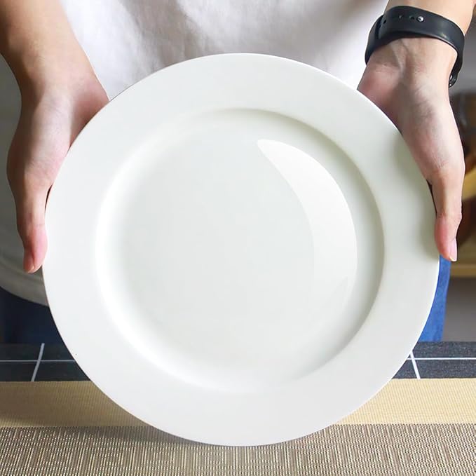 IQCWOOD Fine Bone China Dinner Plates 6-Piece, 10.5-inch Flat Plate for Pizza Steak, Pure White Fine Glaze, Thin & Lightweight, Microwave & Dishwasher Safe