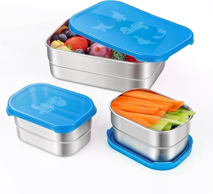 Tanjiae 3 CUP+1 CUP Stainless Steel Lunch Snack Containers Set | Leak Proof 304 Stainless Steel Food Containers with Silicone Lids - Perfect Metal Lunch Box for Home and Travel (25oz+8oz*2)