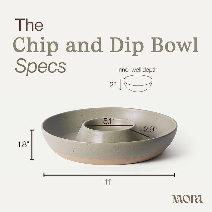 MORA Ceramic Chips and Dip Serving Tray: Large Divided Party Bowl Set for Chips & Salsa, Veggies & Dip, Fruit, Snacks, Entertaining, Hosting, etc. Minimalist Design for the Modern Hostess - Thyme