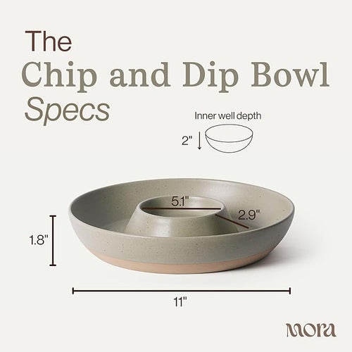 MORA Ceramic Chips and Dip Serving Tray: Large Divided Party Bowl Set for Chips & Salsa, Veggies & Dip, Fruit, Snacks, Entertaining, Hosting, etc. Minimalist Design for the Modern Hostess - Thyme