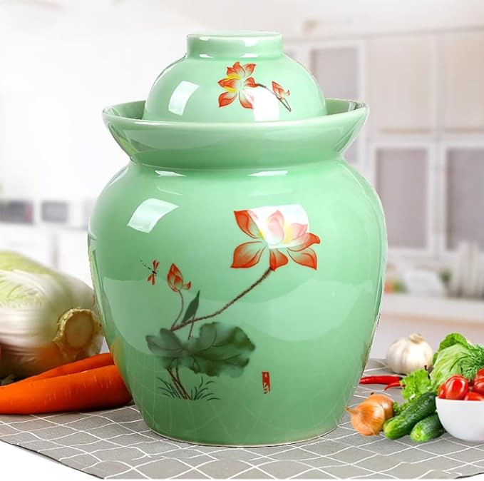 MRYBD Chinese Ceramic Pickle Jar with Lids,Kimchi Containers, Fermentation Jar, Fermentation Jars Ceramic Pots, Sealed Fermentation Jars with Lids, Sauerkraut Crock Green-1.75L