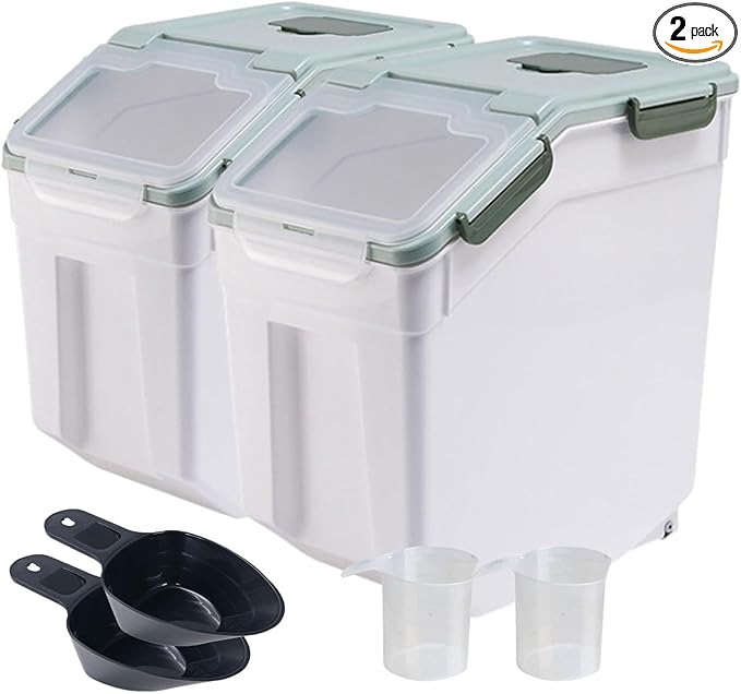 2 Pack Large Flour Storage Container 50 lb Airtight Rice Storage Container with Lid, Wheels, Measuring Cup, Scoop, Plastic Flour Sugar Bin Organizer for Grain Cereal, Rice Dispenser (Green)