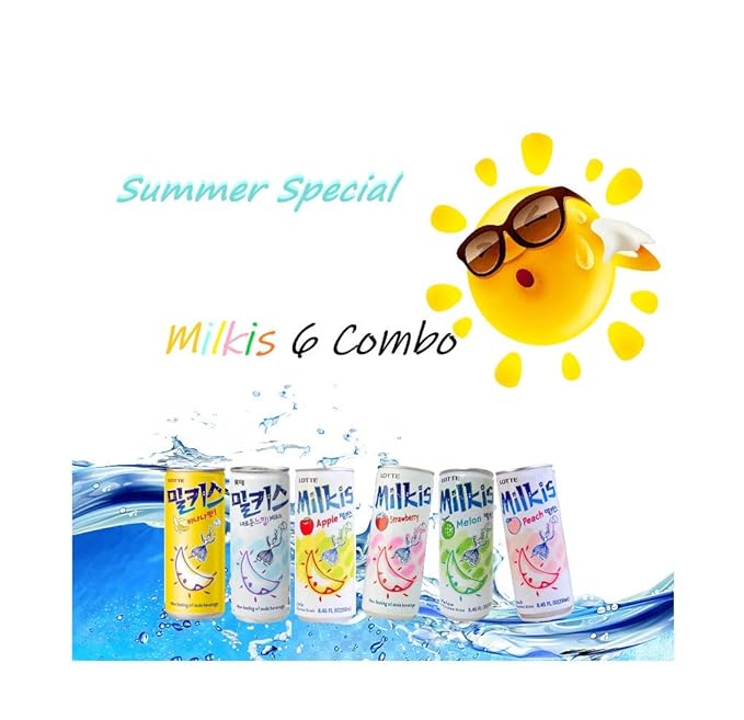 Lotte Milkis 6 Flavors Combo (Original, Apple, Melon, Peach, Banana, & Strawberry) (6 x 4 cans, 8.45 FL Oz(Pack of 24))