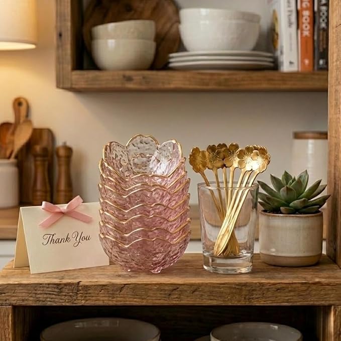 3.3” Small Sakura Dipping Bowls Set with Gold Spoons，Pink Glass Sauce Dishes with Gold Trim for Soy Sauce, Sushi, Snacks, and Party Appetizers（6 Bowls+6 Spoons）