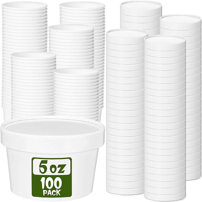 Fulmoon 100 Pack Paper Soup Containers with Lids Disposable Paper Food Containers with Vented Lid Kraft Ice Cream Cake Dessert Cups Soup Bowl for Party Hot Food Fruit Microwave(5 oz,White)