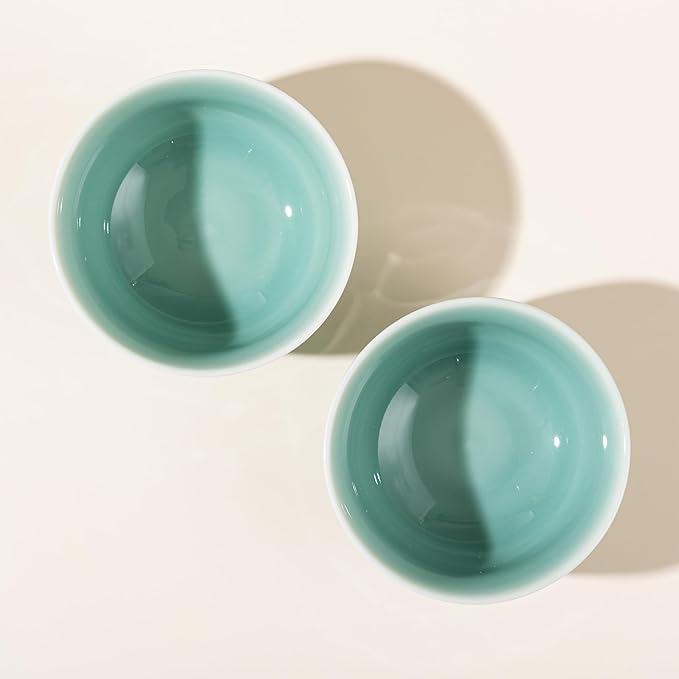 4.5" Green Porcelain Bowls Set of 2,Genuine Longquan Celadon 9.8 Oz Rice Bowls -Sky Cyan
