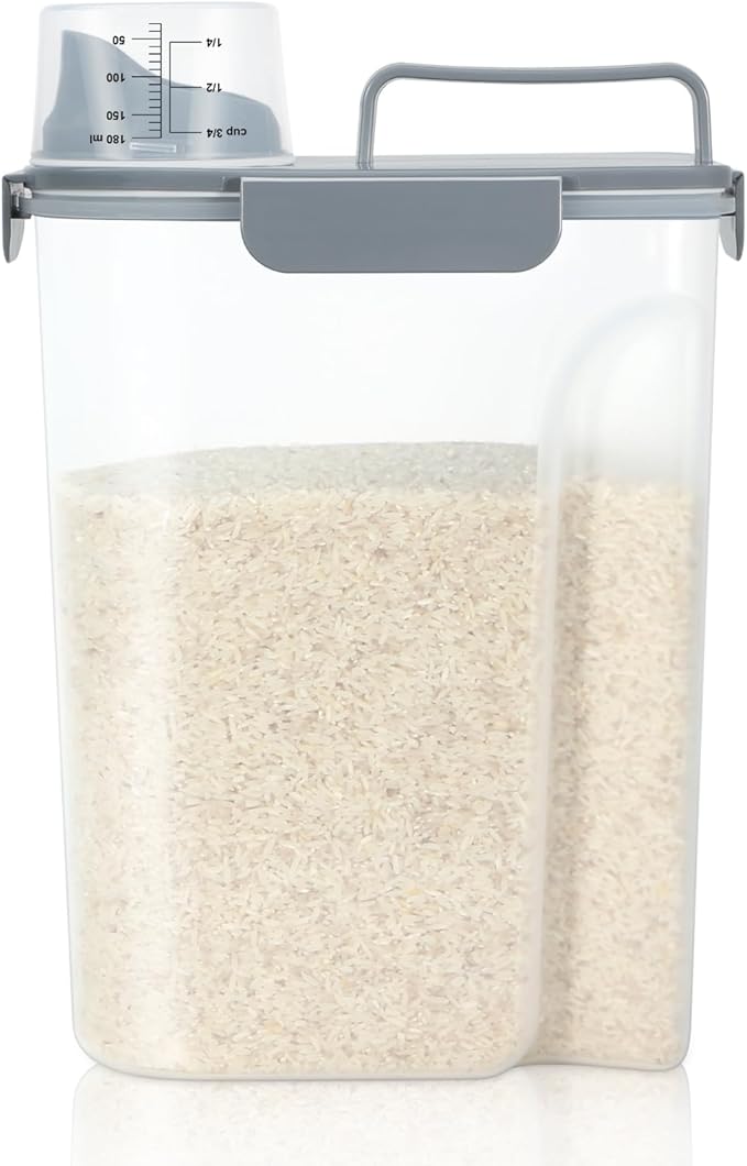 LEAWALK Airtight Rice Storage Container, 7-10Lbs Cereal Dry Food Flour Bin, Pet Dog Cat Food Dispenser with Measuring Cup, BPA Free Plastic Kitchen and Pantry Organization Bin for Sugar-Gray
