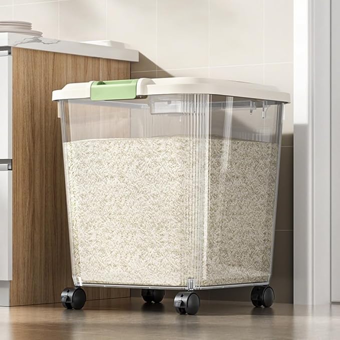 Food-Grade Rice Storage Container with Measuring Cup/Wheels – Airtight, Anti-Insect, Moisture-Proof Bin for Rice, Flour, Pet Food – Large Kitchen & Pantry Organizer (02,55 lbs(with wheels))