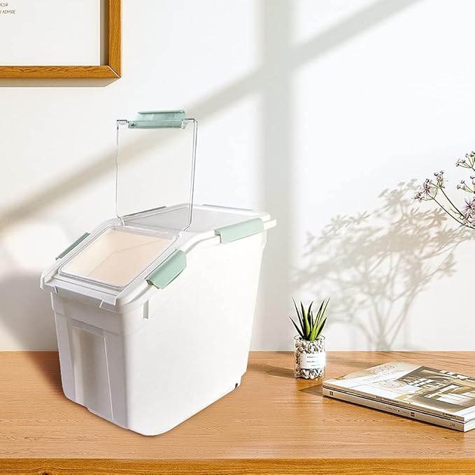 Airtight Flour Storage Container 25 lb Rice Storage Container with Wheels Seal Locking Lid, Food Containers with Measuring Cup& Scoop for Flour, Rice, Grain, Cyan 2Pack