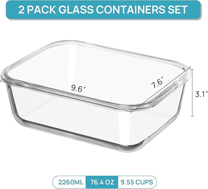 Vtopmart 2Pack 2260ml/ 76.4oz Large Glass Storage Containers with Lids, Meal Prep Food Container Set with Snap Airtight Lid for Baking, Microwave, Oven, Leak Proof, for Freezer, Dishwasher, Blue